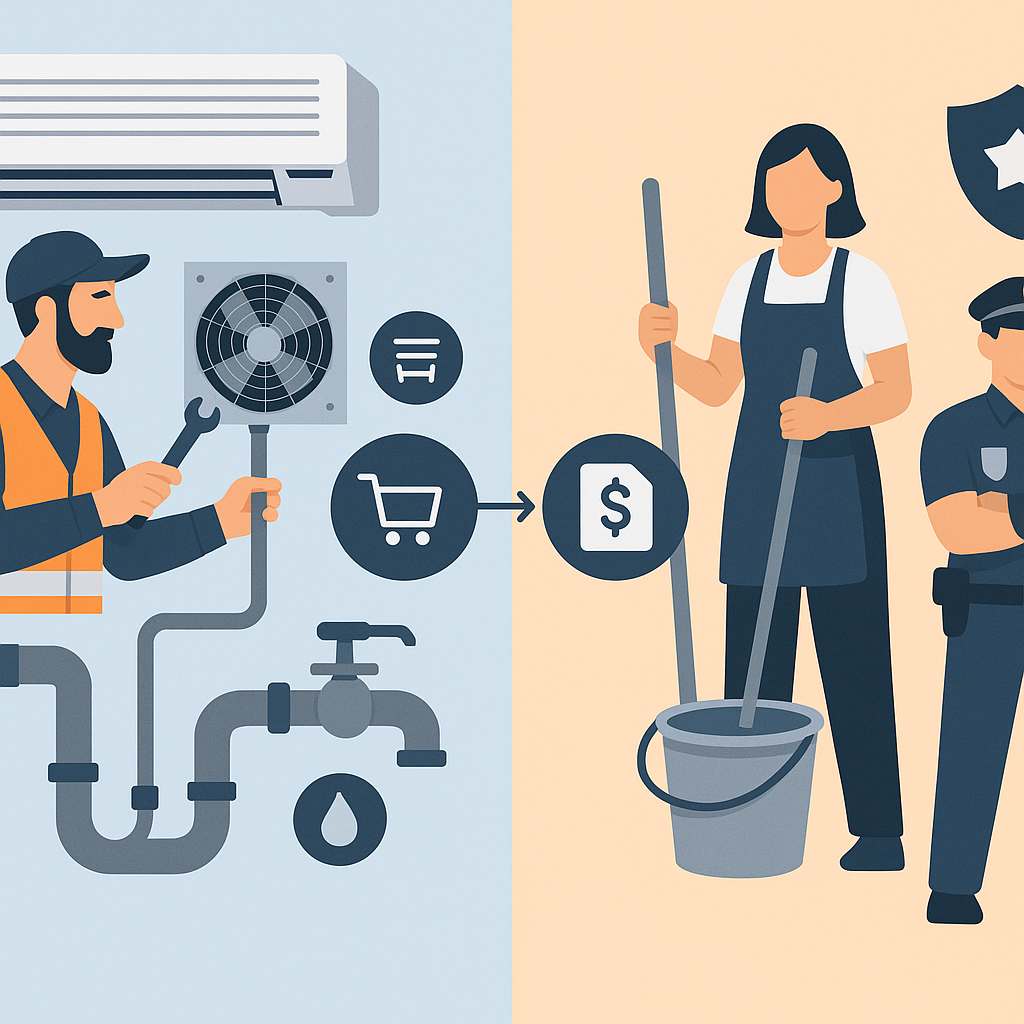 A split-screen illustration showing Hard FM services (HVAC system, plumbing) on one side and Soft FM services (cleaning...