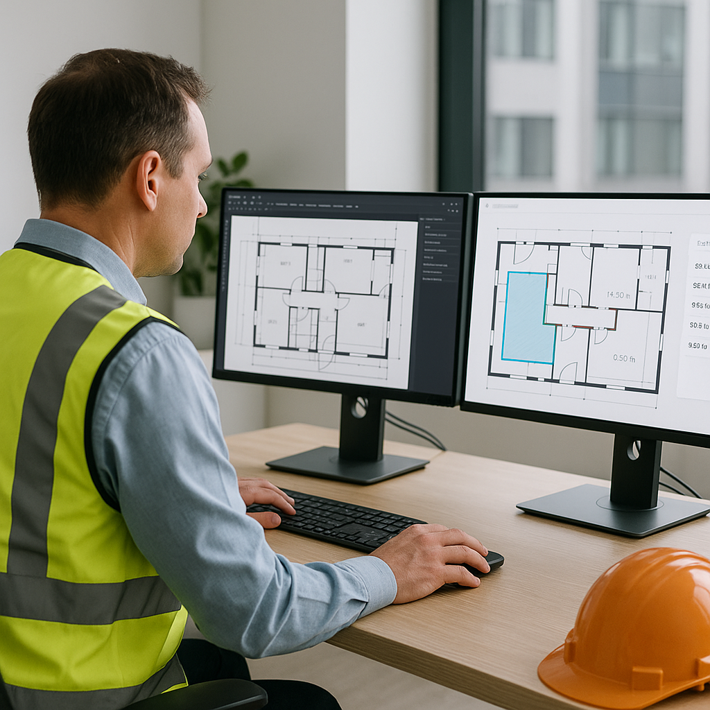 A construction estimator at a desk with dual monitors, one showing a CAD drawing and the other a clean AI takeoff tool i...