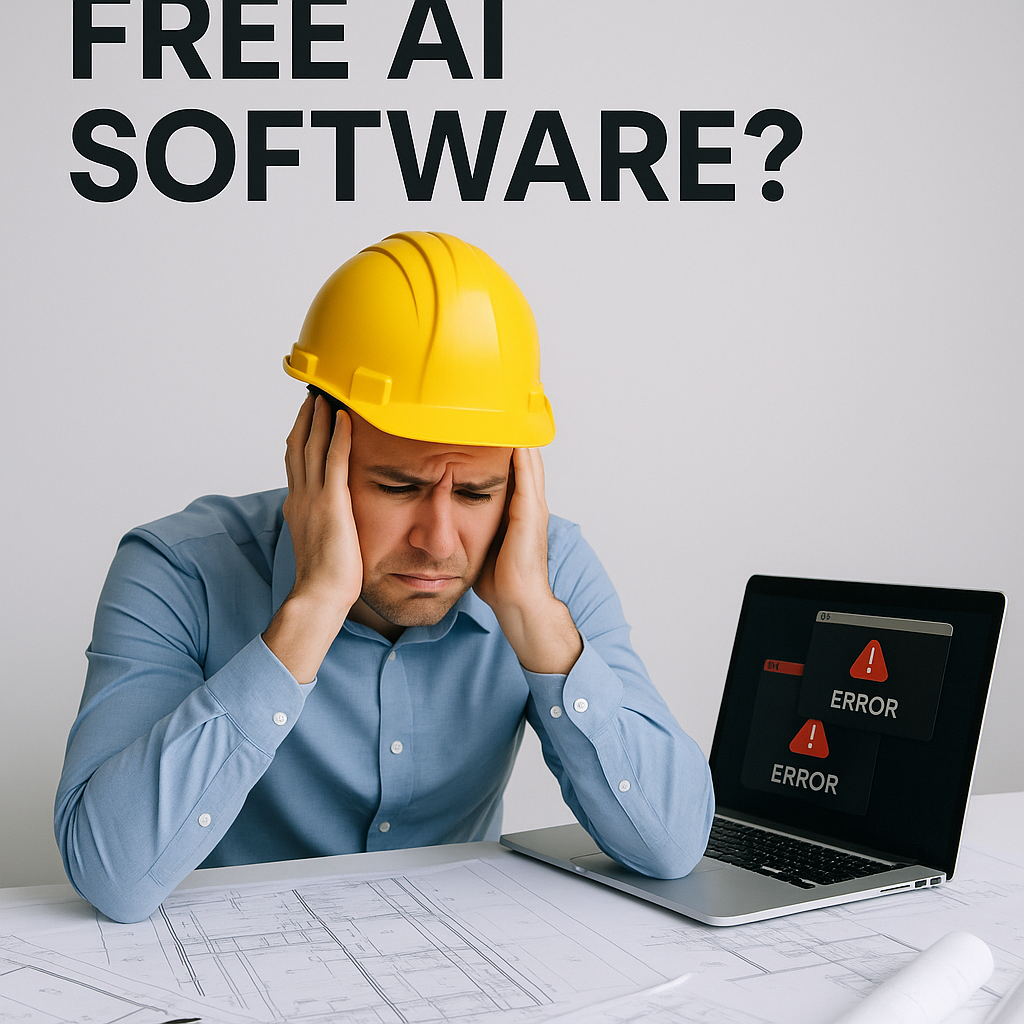 A construction estimator frustrated at a desk cluttered with drawings and a laptop showing error messages, with the phra...
