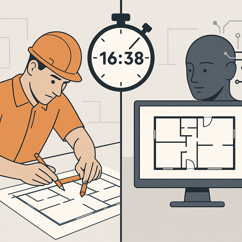 A split-screen illustration showing a contractor manually measuring a drawing on one side and AI software processing the...