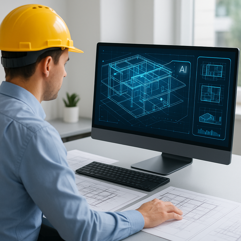 A construction estimator at a desk with blueprints and a computer, AI software visually analyzing digital construction d...