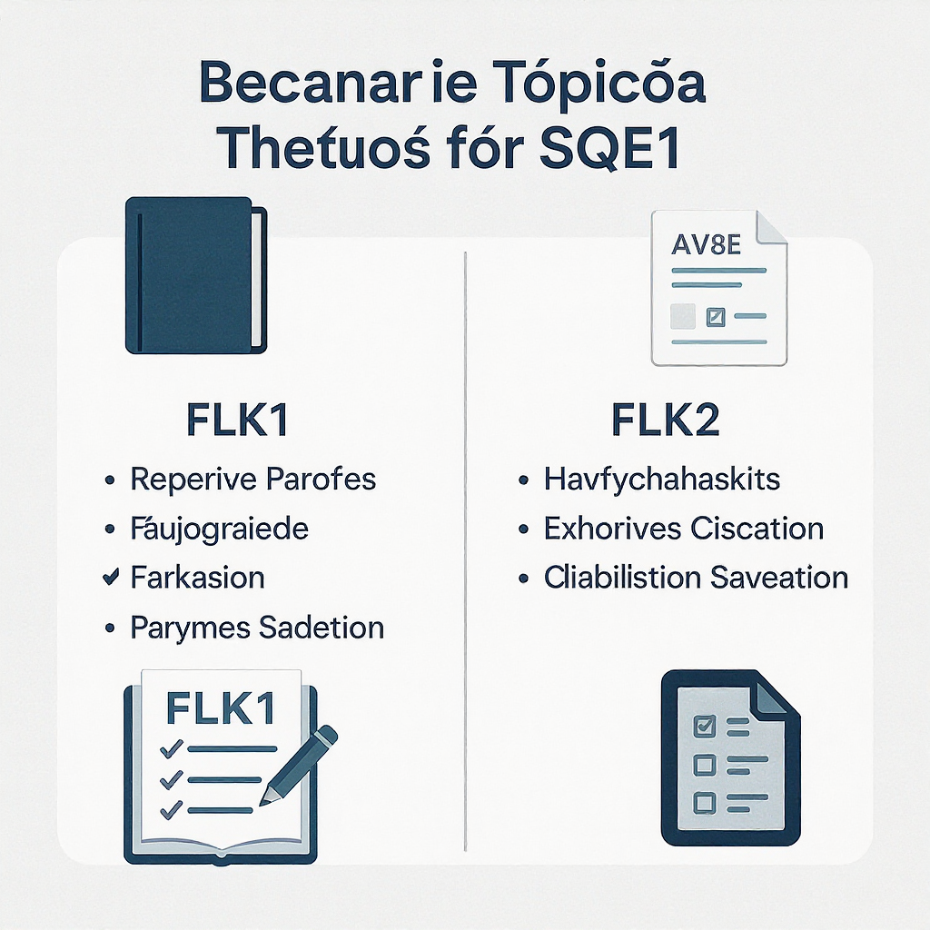 A clean and professional infographic showing the split between FLK1 and FLK2 topics for SQE1, with visual cues like book...