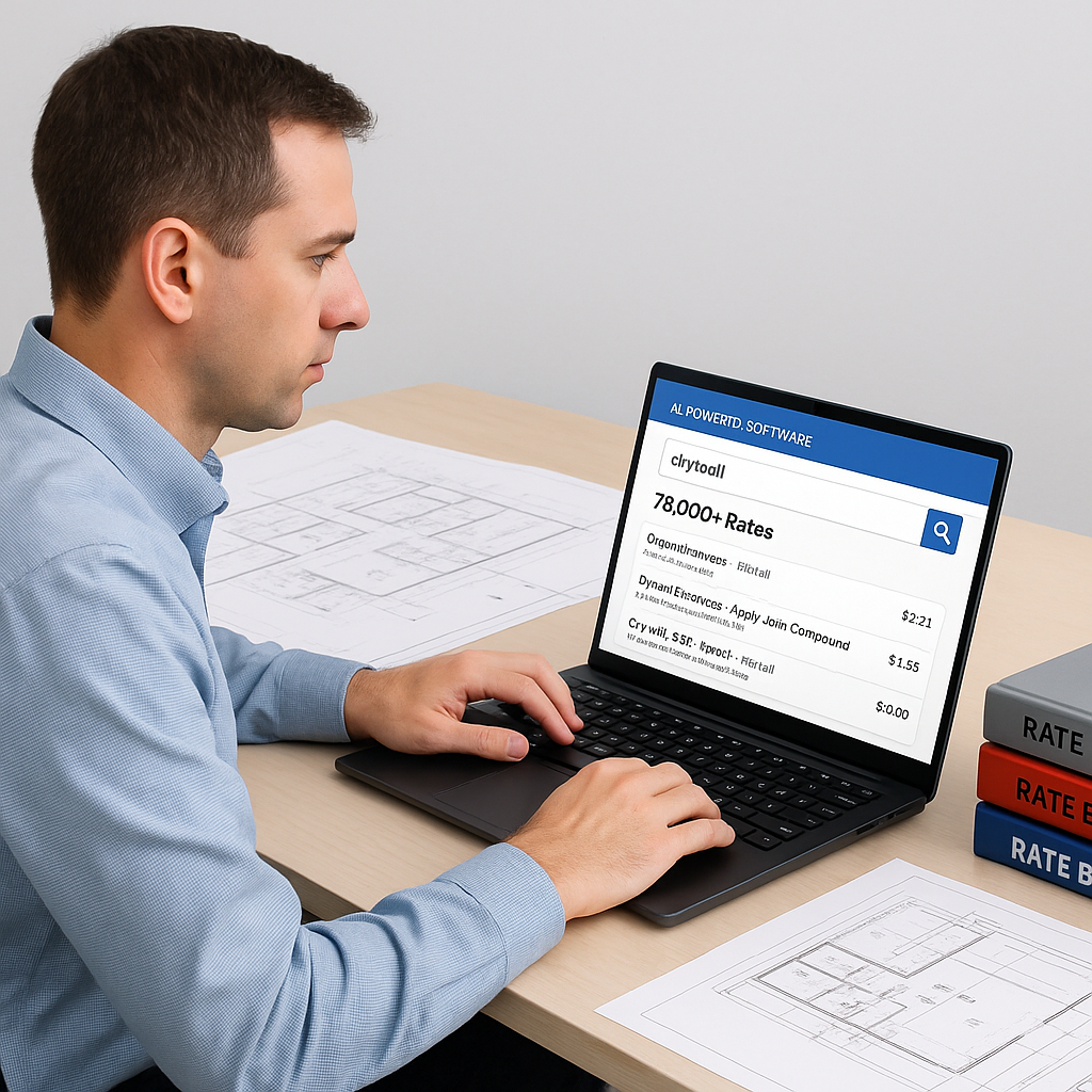 A construction estimator at a desk with AI-powered software on a laptop, showing a semantic search feature for 78,000+ r...