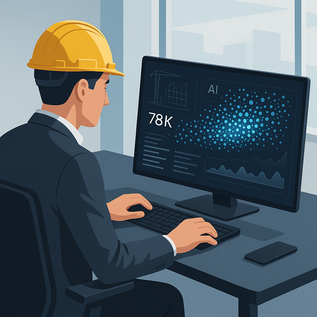 A futuristic construction estimator at a desk using a sleek AI-powered software interface with 78K data points visually...