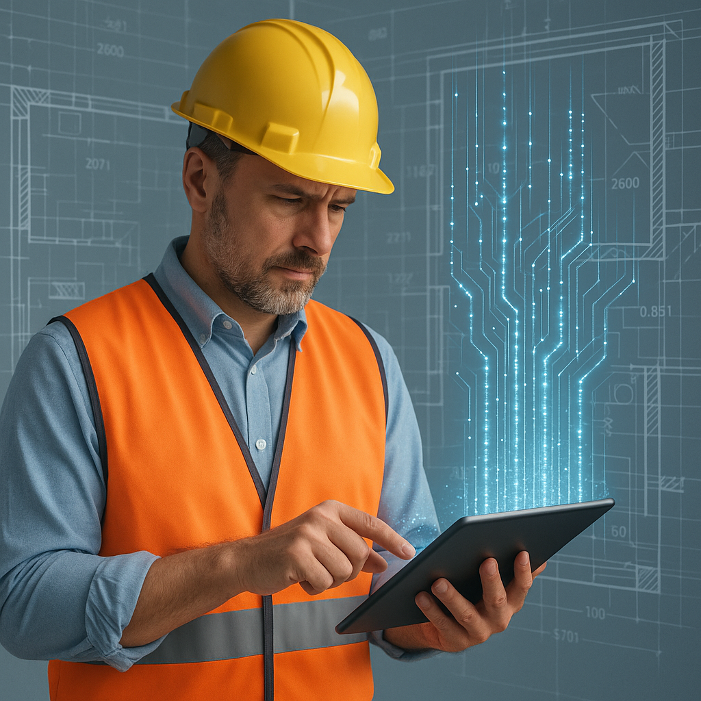A construction estimator working on a digital tablet with a blueprint overlay, AI algorithms visualized as glowing data...