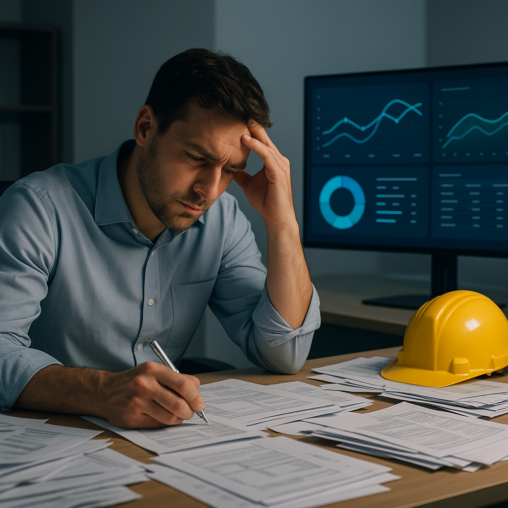 A construction estimator working late, surrounded by disorganized subcontractor bids, while an AI-powered dashboard effi...