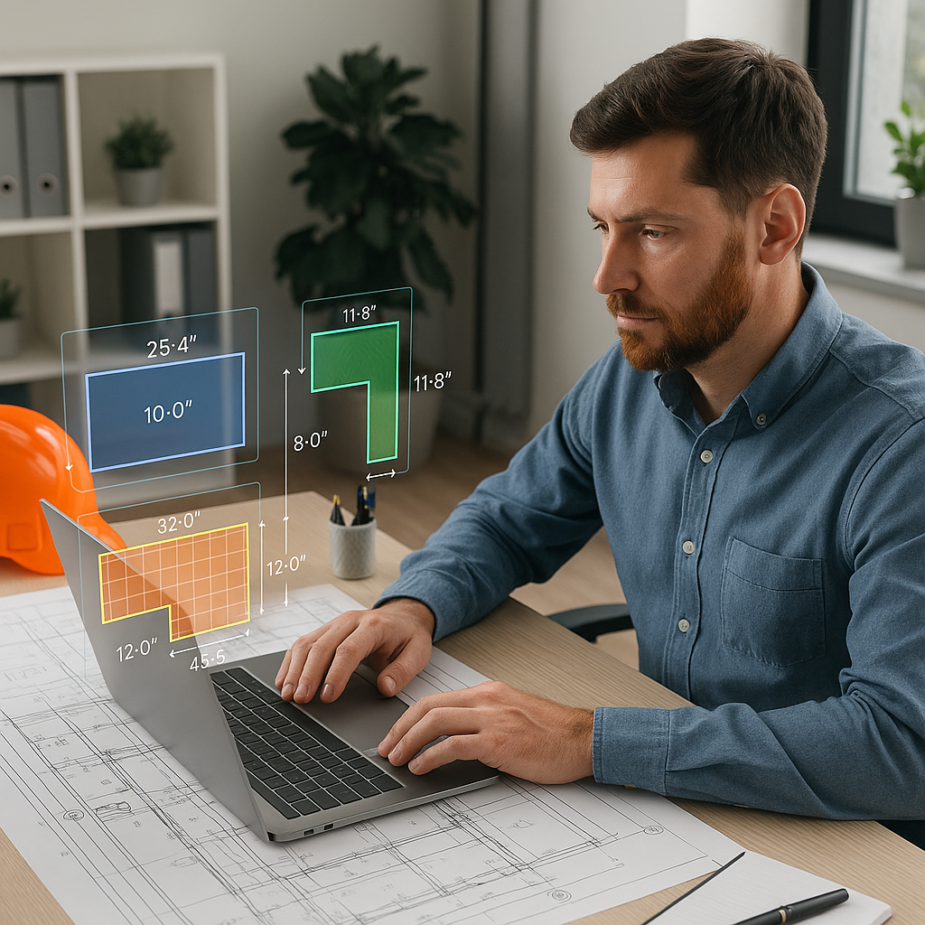 A construction estimator working on a laptop with AI-generated takeoff diagrams and measurements overlaid on a blueprint...