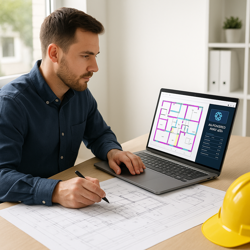 A construction estimator at a desk with blueprints and a laptop showing AI software analyzing PDF drawings in real-time.