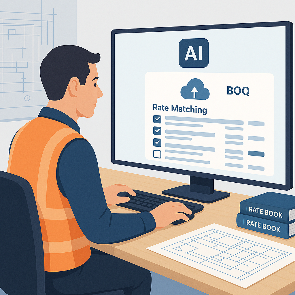 A construction estimator sitting at a desk with an AI interface on a large screen, showing a BOQ upload and rate matchin...