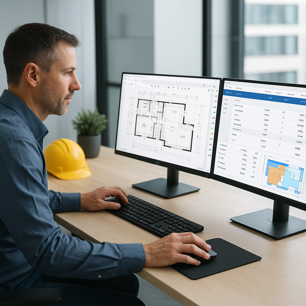 A construction estimator in a modern office using AI-powered software on a dual monitor setup, with one screen showing a...