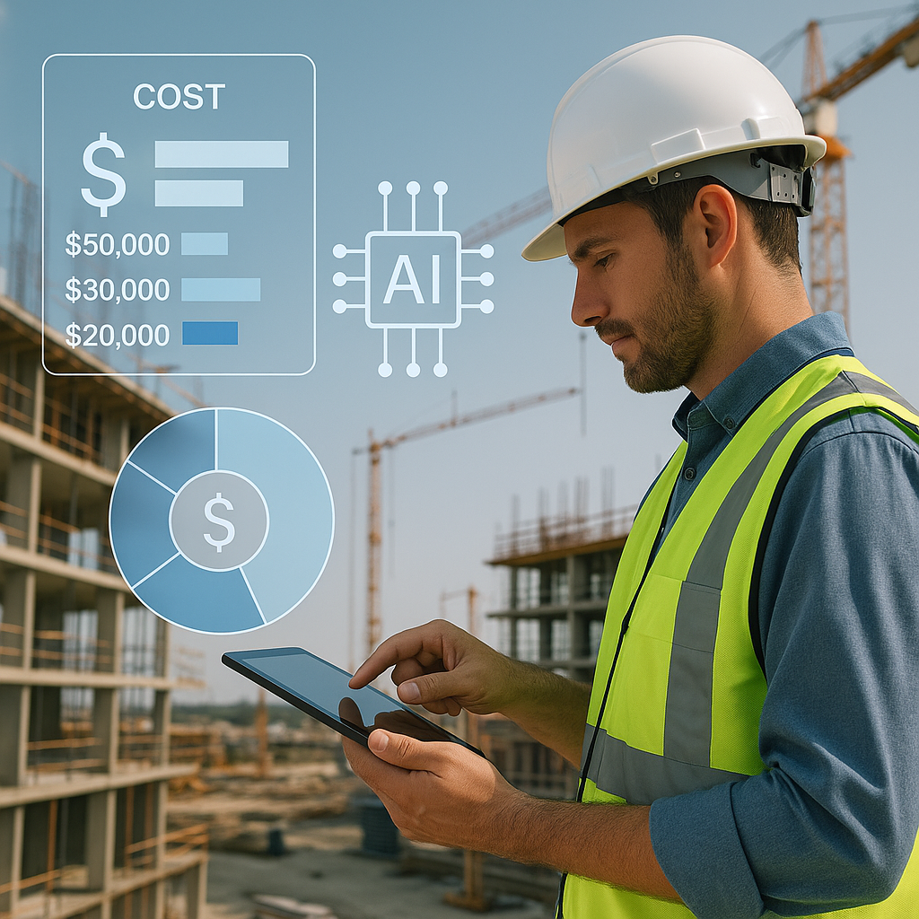 A modern construction site with digital overlays of cost breakdowns and AI icons, showing a worker using a tablet for es...
