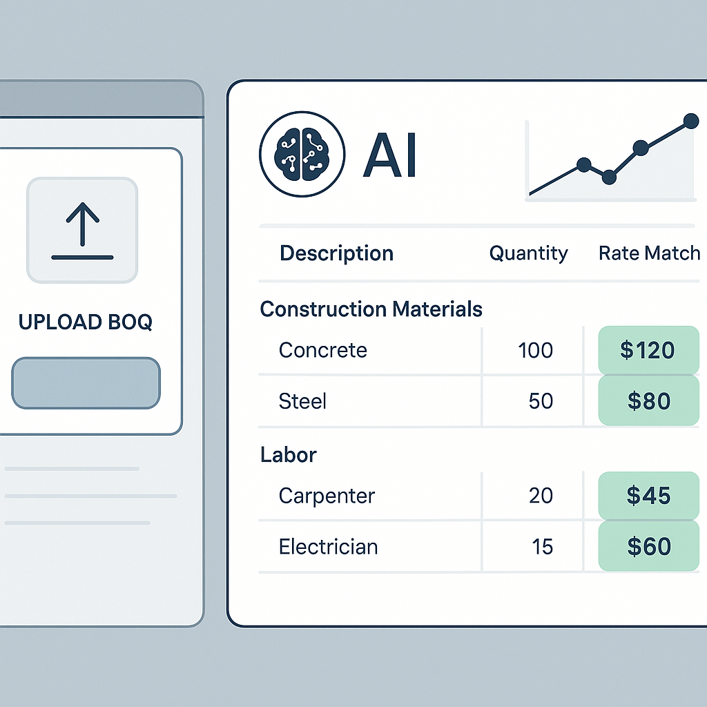 An AI-powered dashboard showing rate matching results for construction materials and labor, with a BOQ upload interface...