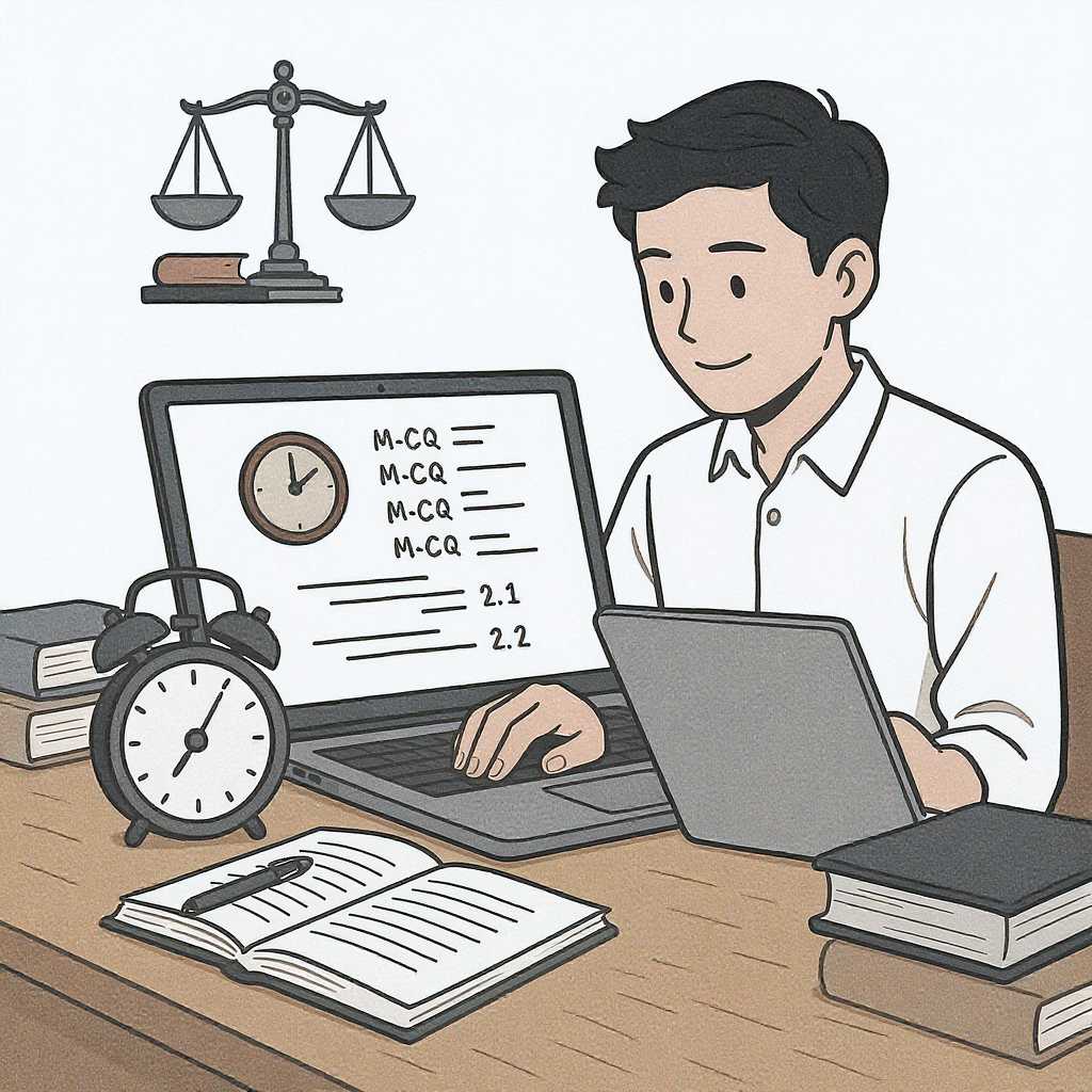 A detailed illustration of a student solving MCQs on a laptop, with a timer counting down and law textbooks on the desk,...