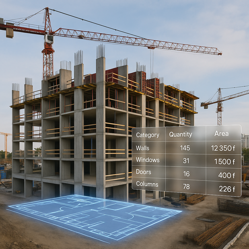 A modern construction site with a digital overlay showing quantity takeoff data being extracted from a blueprint, highli...