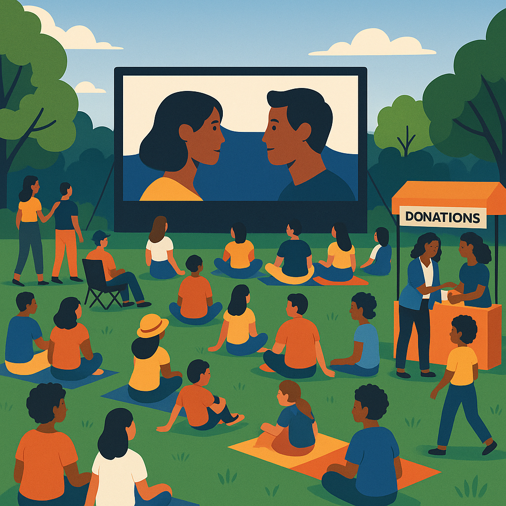A vibrant community event in a park with people enjoying a movie night on a big screen, diverse attendees, and a small d...