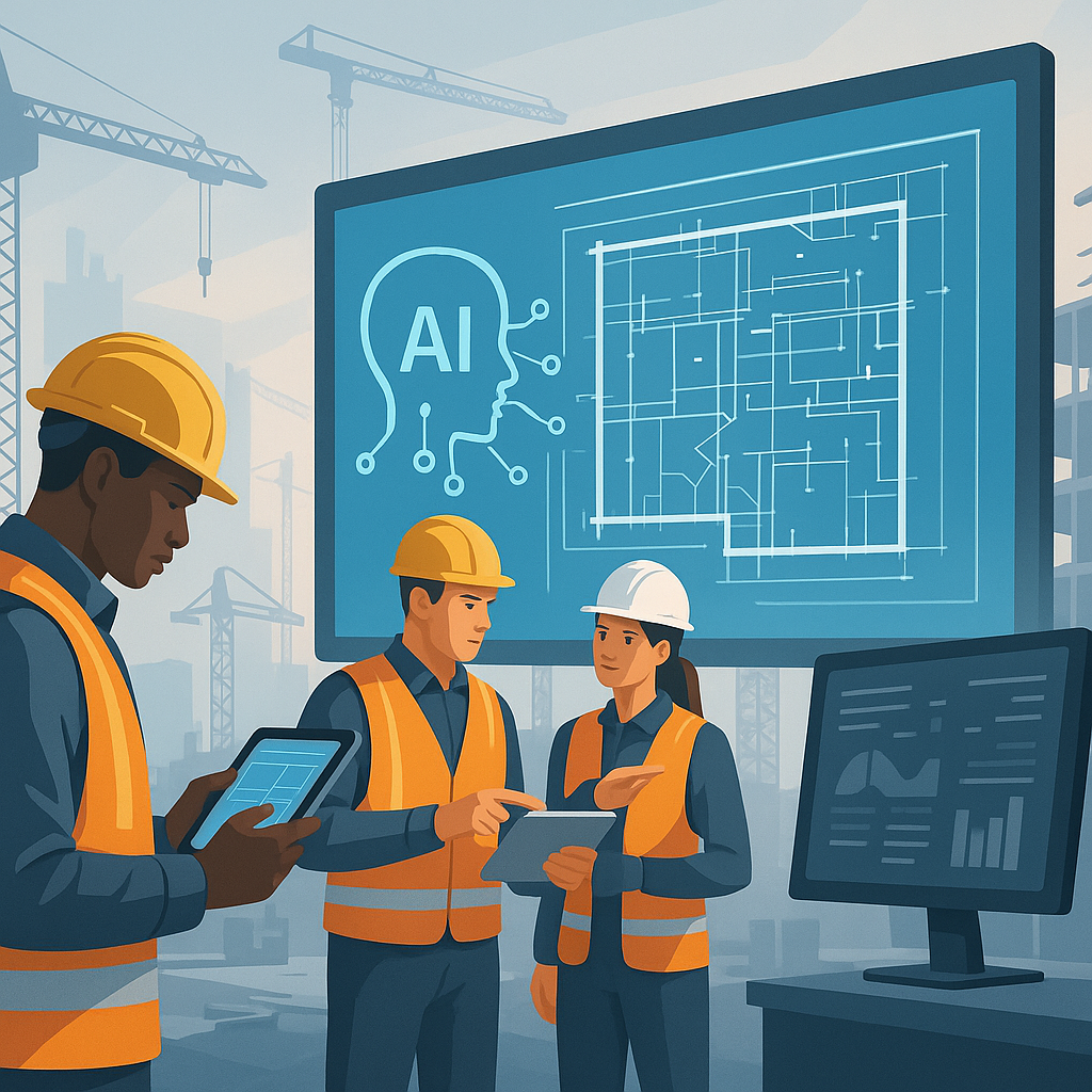 A futuristic construction site with AI-powered tools analyzing blueprints on a digital screen, featuring a construction...