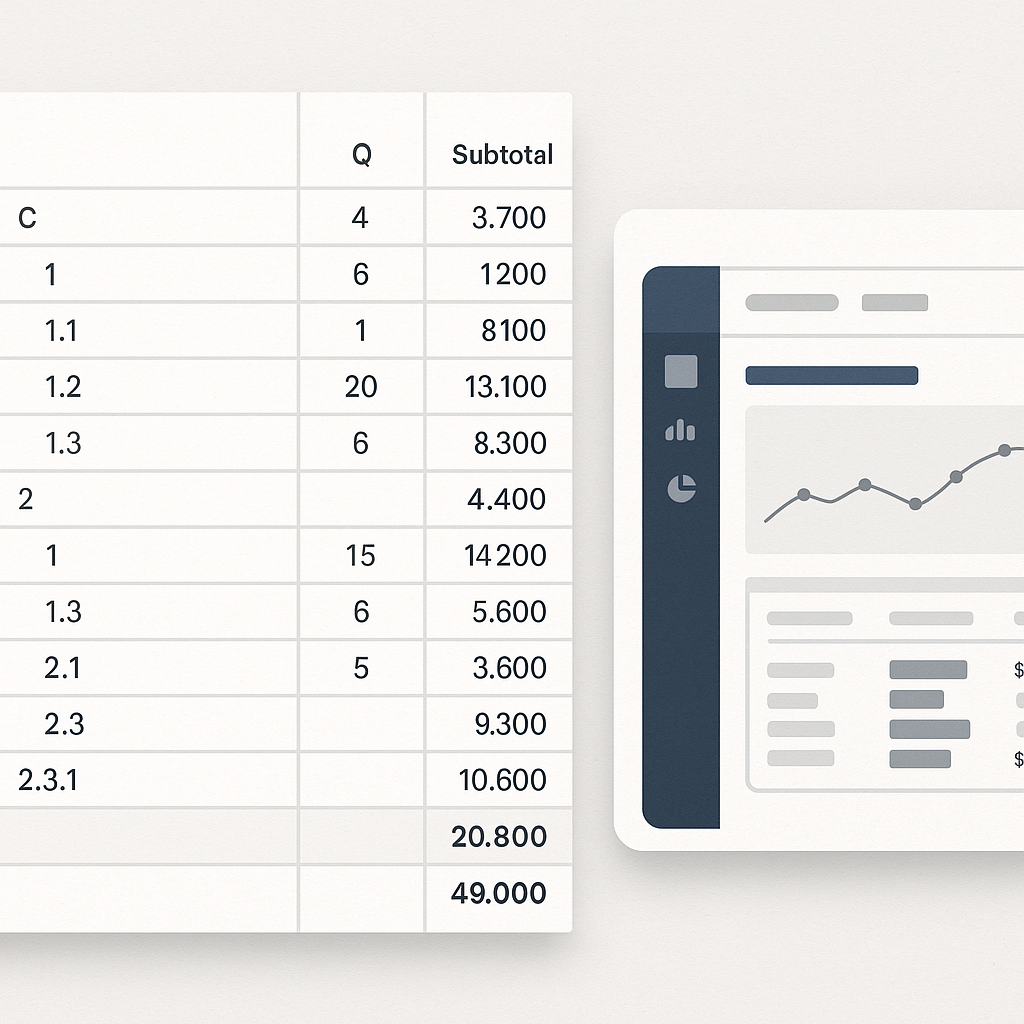 A detailed rendering of a construction project spreadsheet with CESMM3 hierarchy visible, showing item codes, quantities...