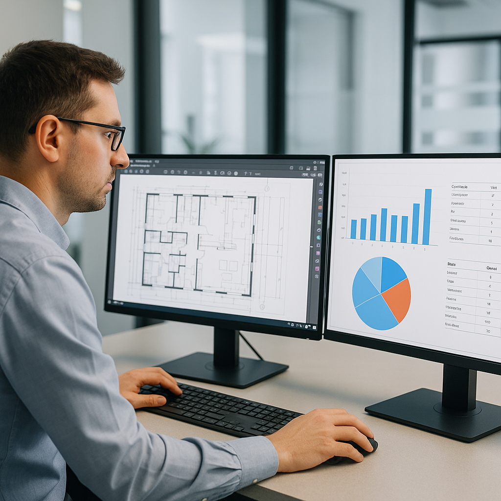 An AI-powered construction estimator analyzing PDF drawings on a dual-monitor setup, with charts and BOQs displayed. Mod...