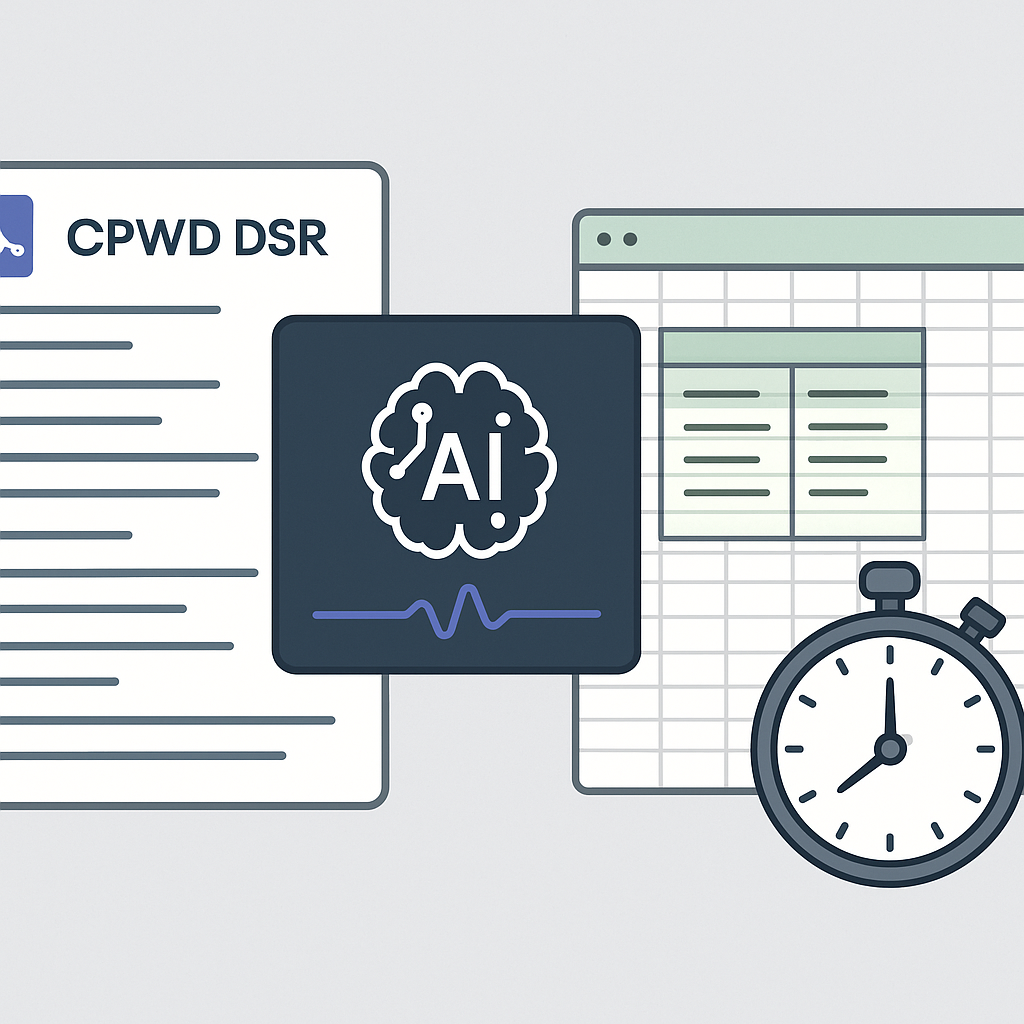 A detailed image of an AI interface parsing a CPWD DSR PDF, with a highlighted Excel sheet and a stopwatch showing 10 mi...