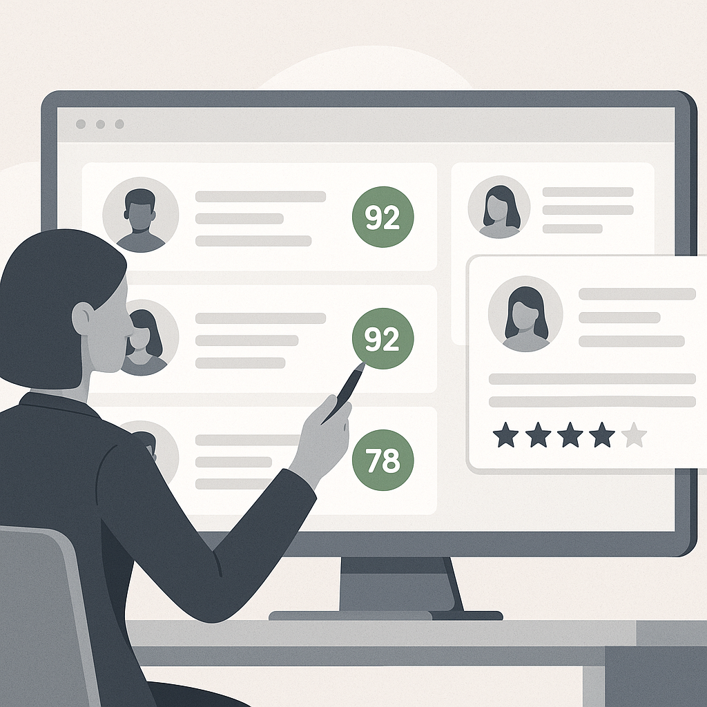 An illustration of a recruiter reviewing AI-generated resume scorecards on a sleek dashboard, with a transparent overlay...