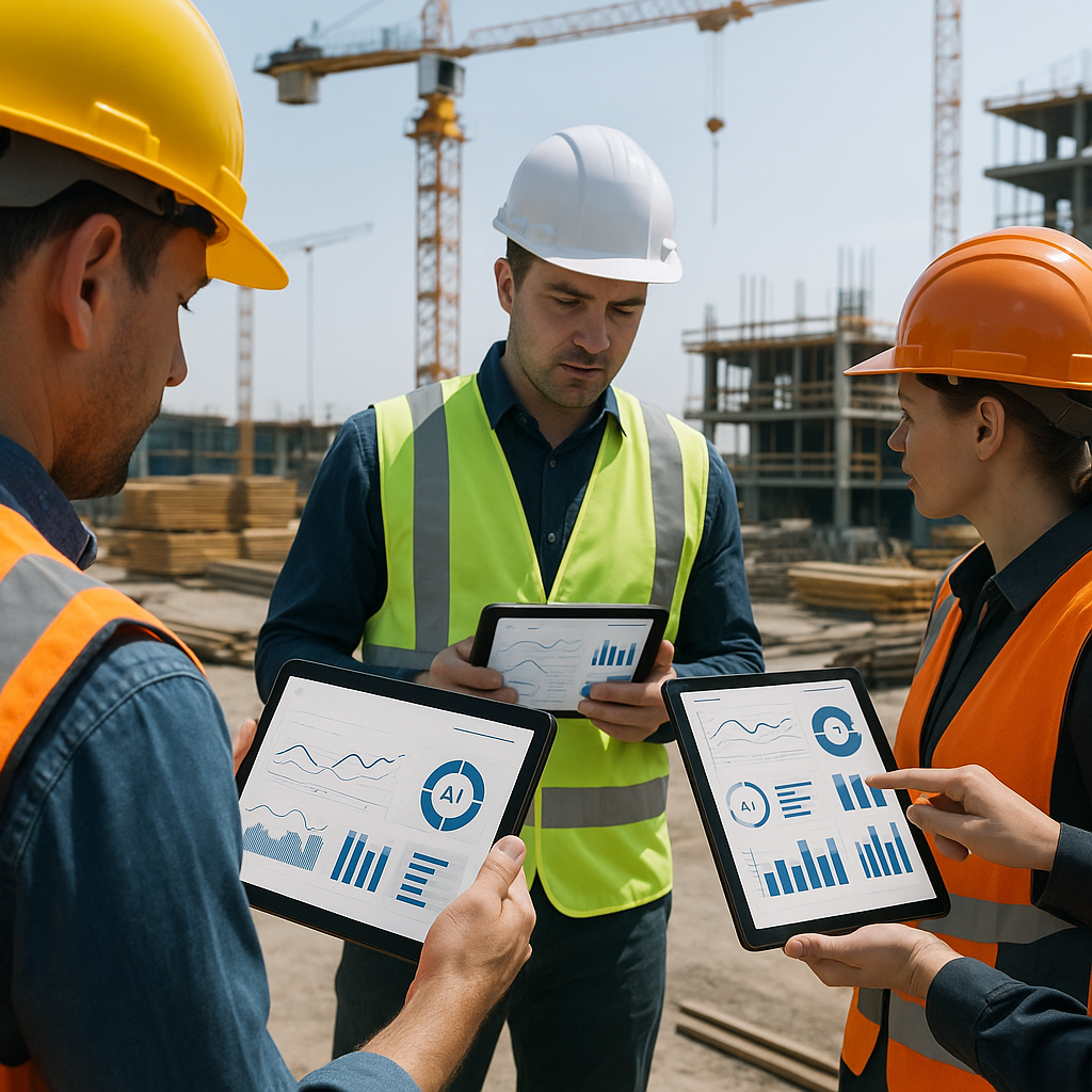 A construction site showing AI-powered dashboards on tablets, with workers and managers actively analyzing data. Include...