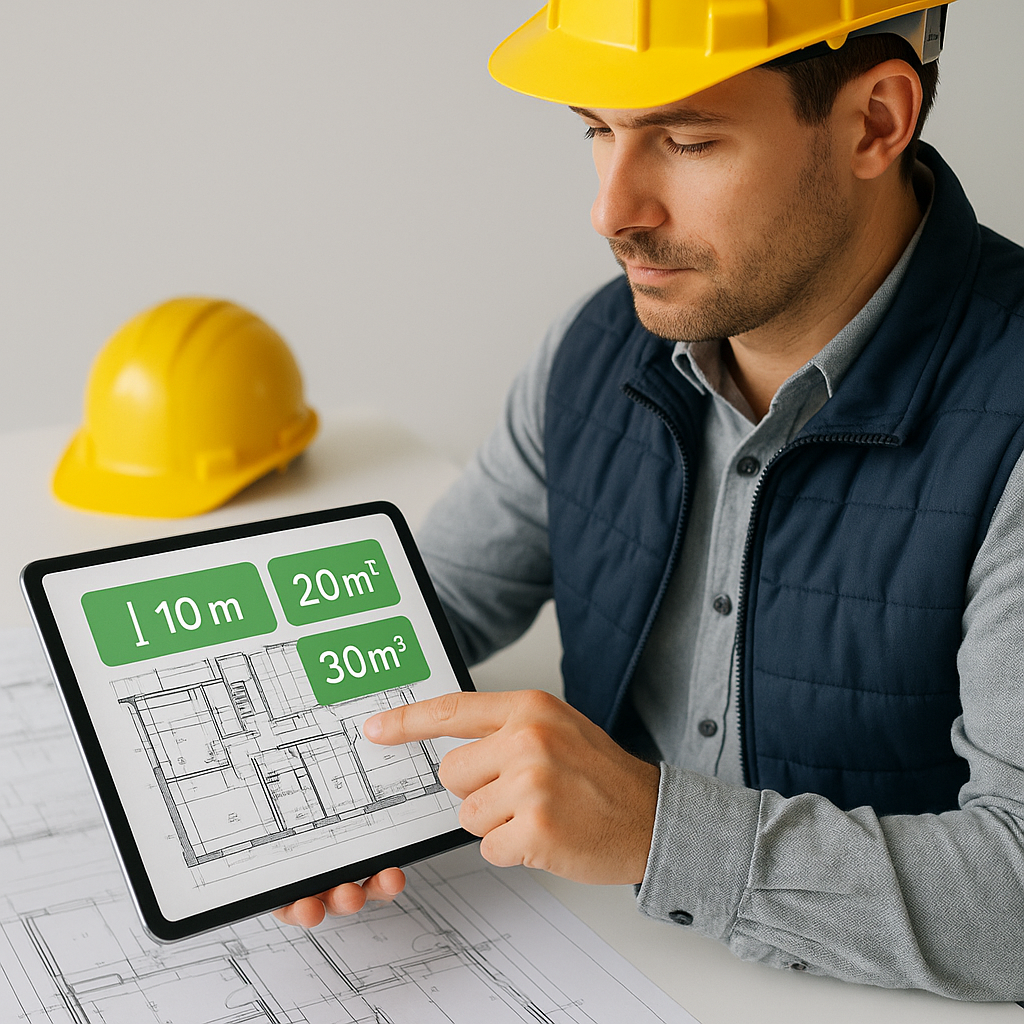 A contractor reviewing a set of construction drawings on a tablet with highlighted measurement units (linear, area, volu...