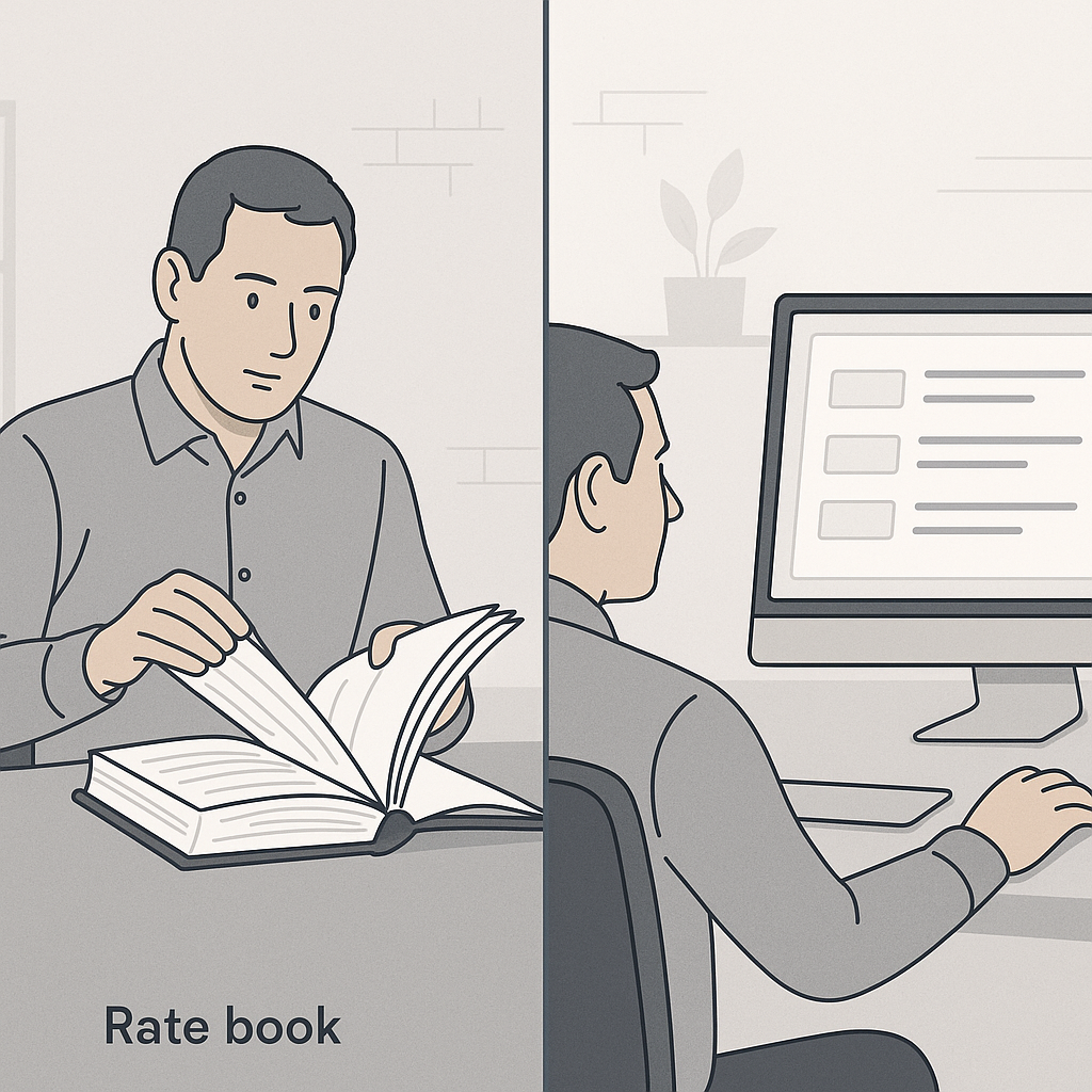 A side-by-side comparison of an estimator flipping through a thick rate book versus an AI-powered dashboard instantly di...