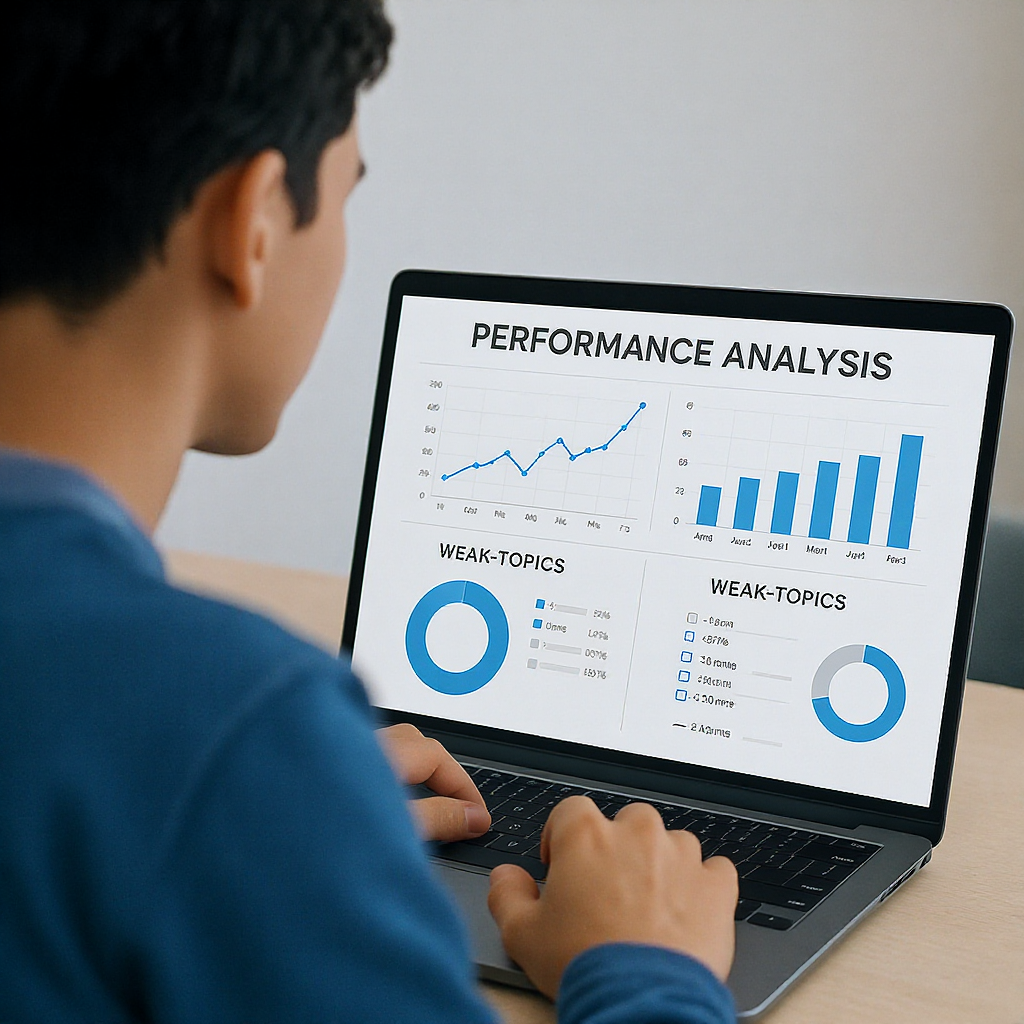 A focused student reviewing performance analytics on a laptop screen, with graphs and charts showing weak-topic analysis...