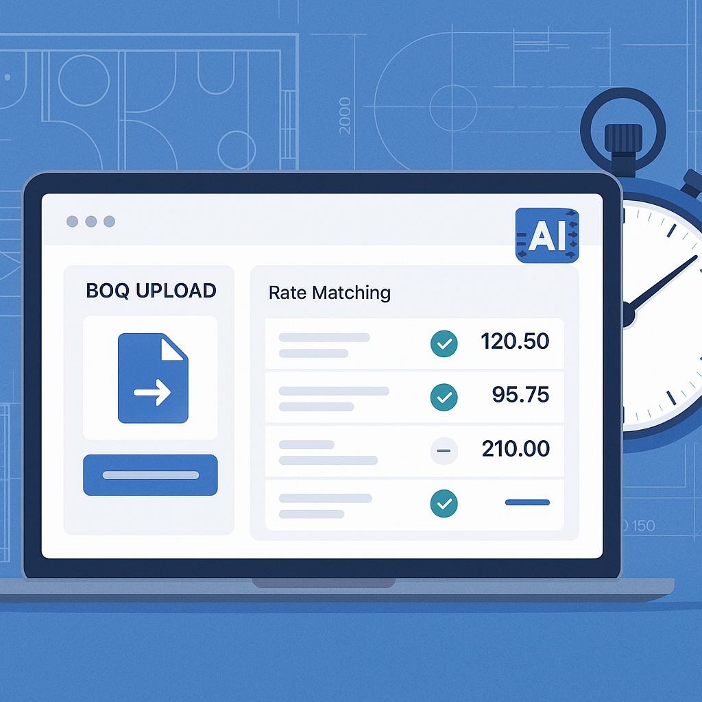 An AI-powered dashboard displaying a BOQ upload interface with real-time rate matching results. Include construction blu...