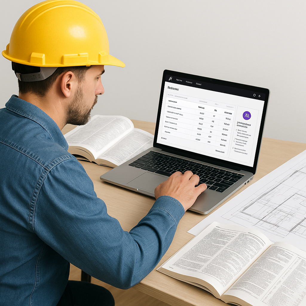 A construction estimator sitting at a desk with a laptop showing an AI-powered estimation software interface, surrounded...