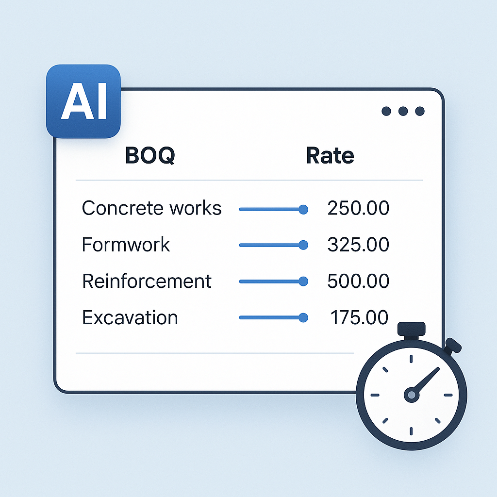 A sleek AI interface showing a construction BOQ being matched to rates in seconds, with a stopwatch overlay symbolizing...