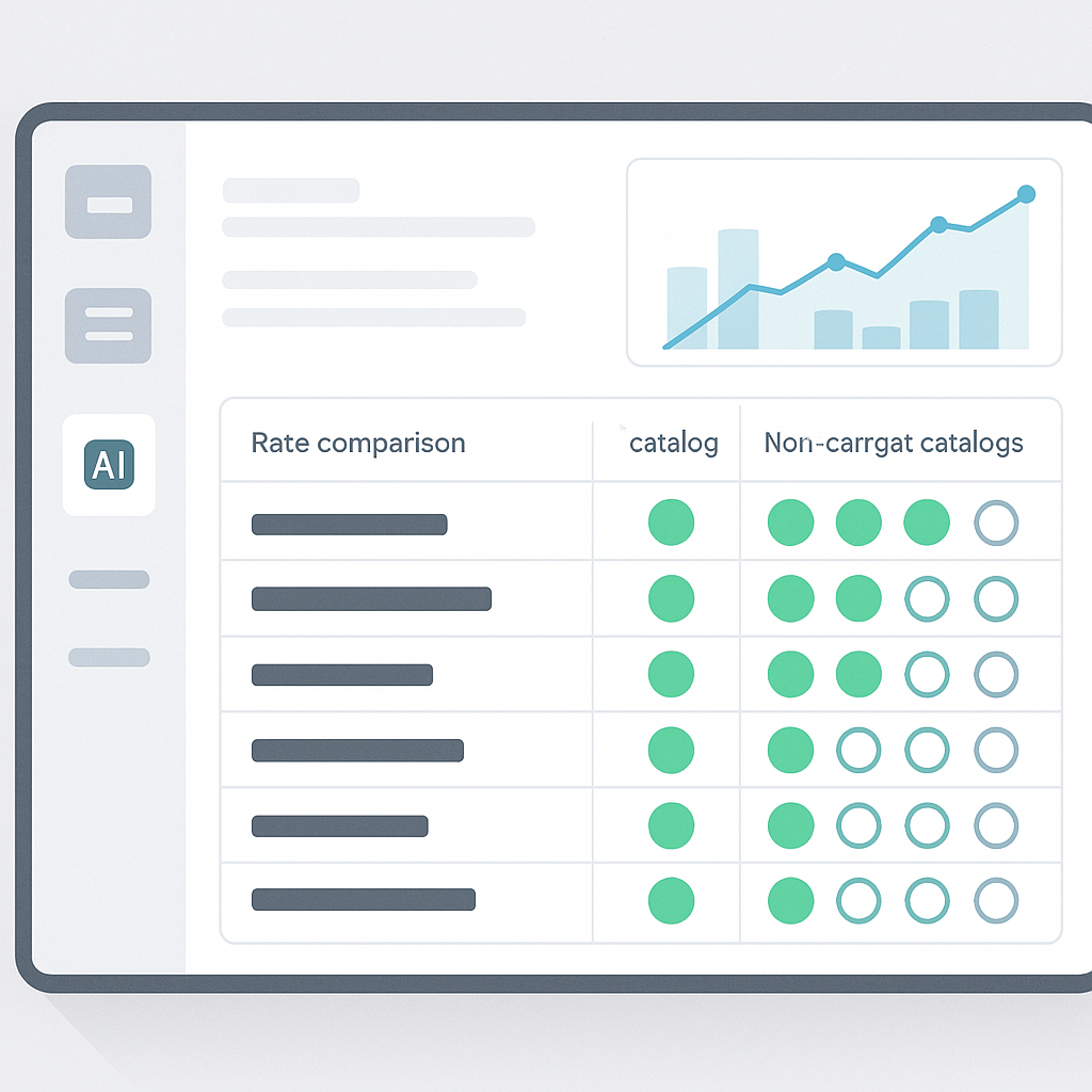 An AI-powered construction estimation dashboard showing rate matches across multiple catalogs, with a clean and modern i...