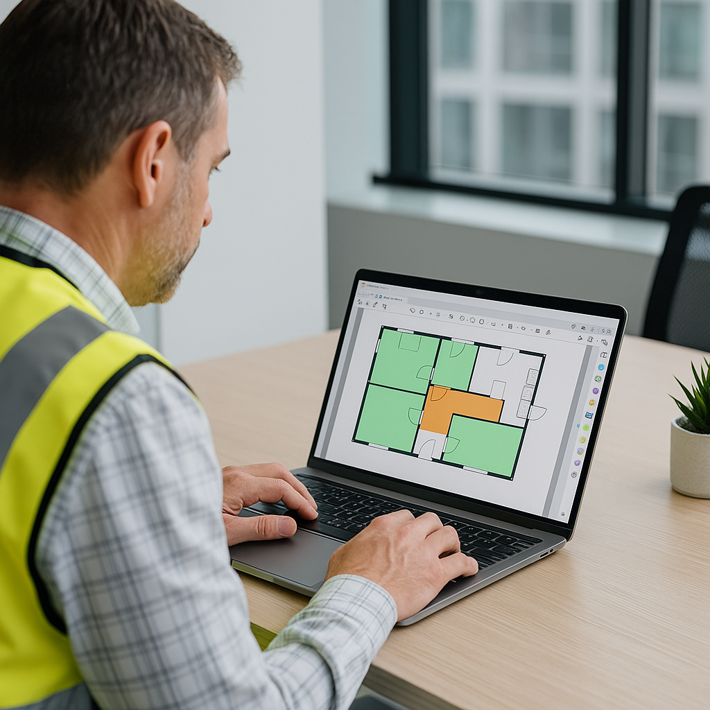 A construction estimator working on a laptop with AI-powered software, showing a PDF floor plan and highlighted takeoff...