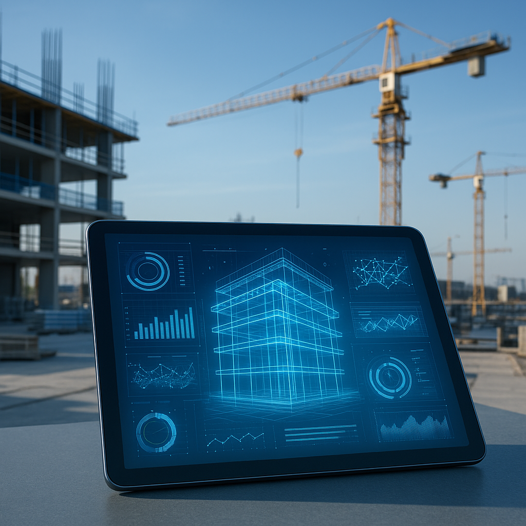 A high-tech construction site with digital blueprints overlaid on a tablet screen, showcasing AI-powered data visualizat...