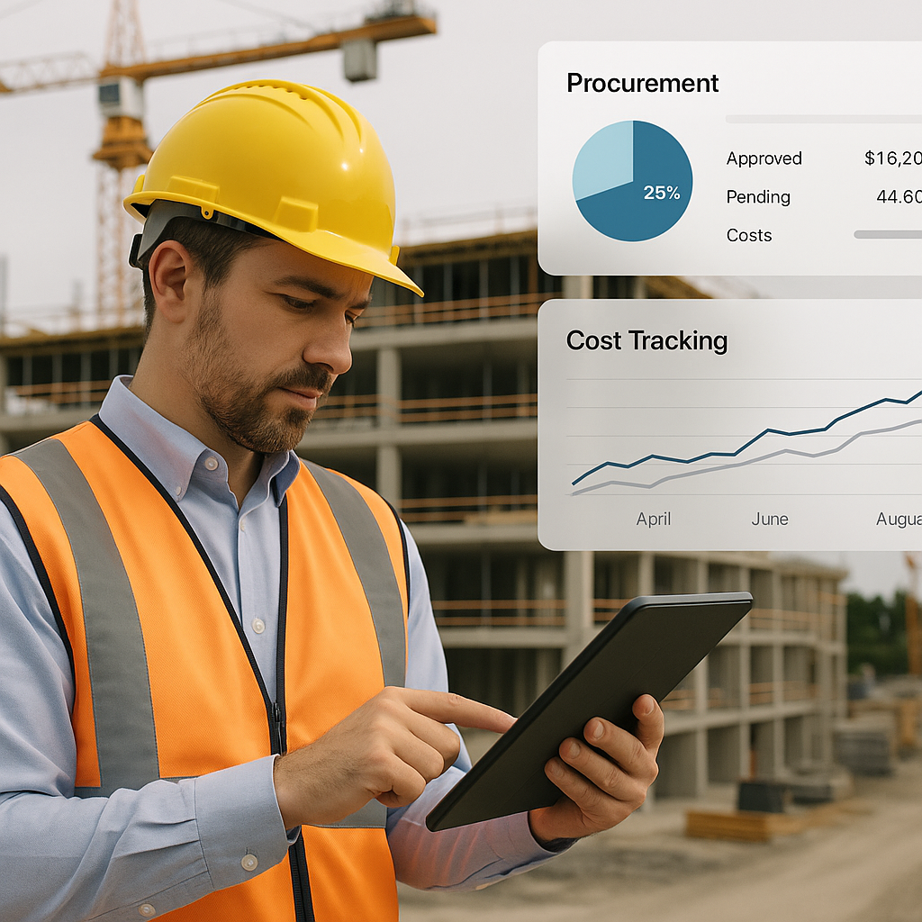 A construction site manager reviewing a digital blueprint on a tablet, with procurement and cost tracking dashboards vis...