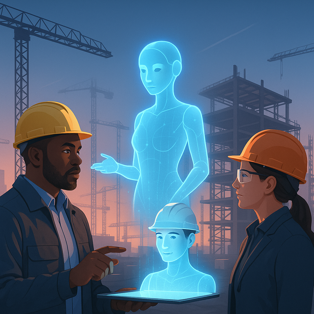 A futuristic construction site with a digital human AI assistant hologram interacting with contractors on a tablet, emph...