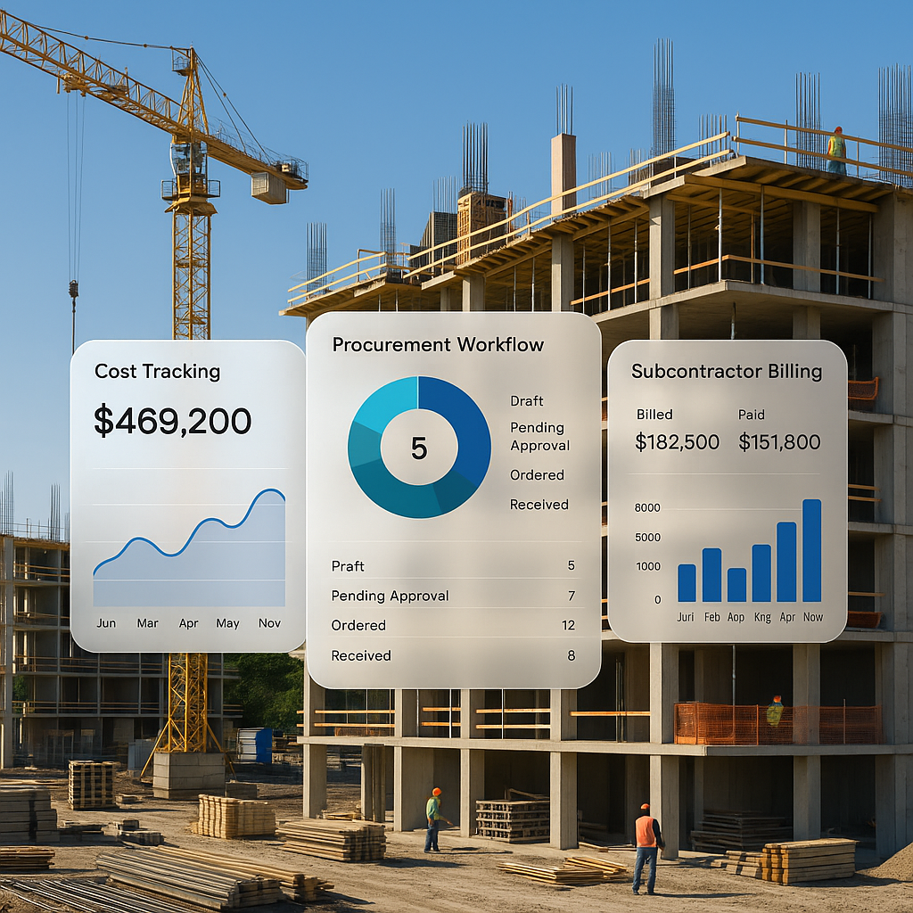 A construction site with layered dashboards showing cost tracking, procurement workflow, and subcontractor billing. Incl...