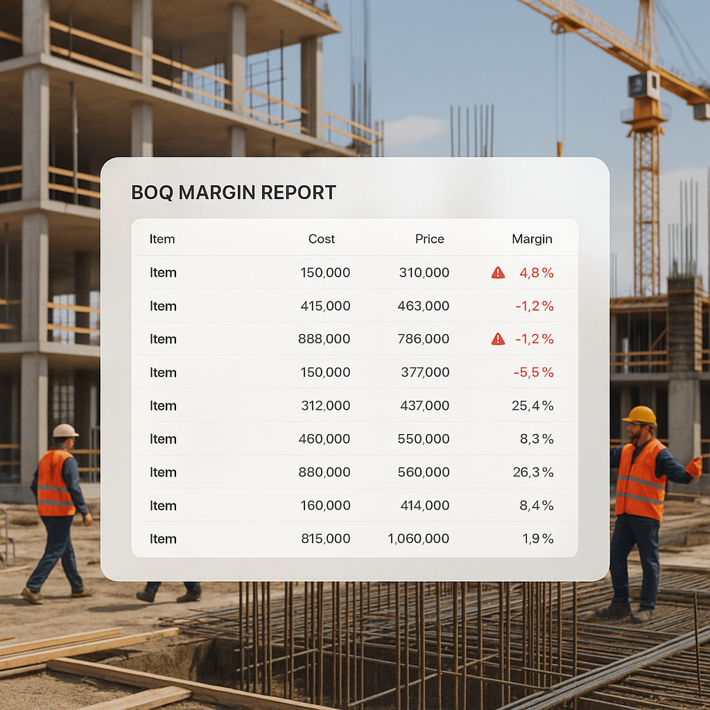A construction site with a digital dashboard overlay showing a BOQ margin report with flagged negative items, workers in...