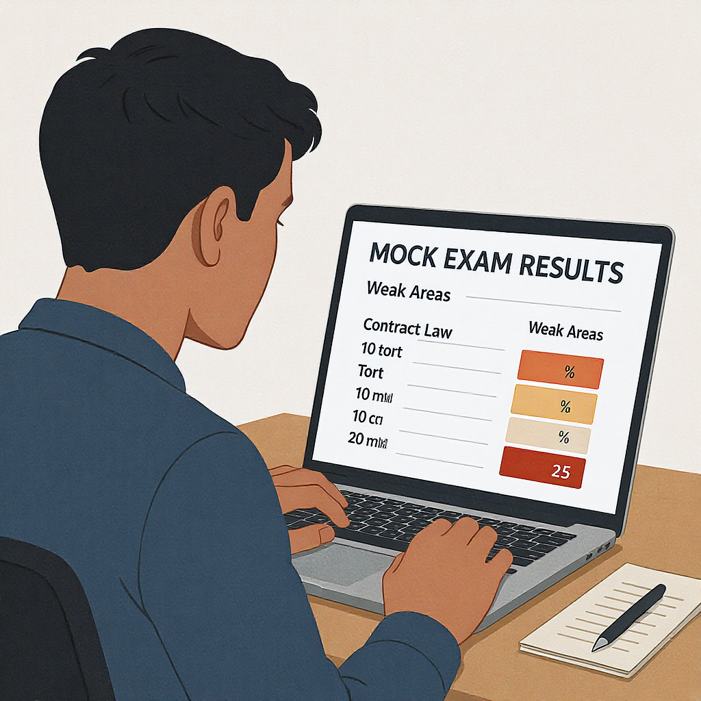 A detailed digital illustration of a law student reviewing mock exam results on a laptop, with data visuals highlighting...