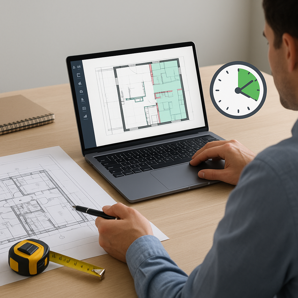 A detailed image showing a construction estimator at a desk, comparing manual takeoff blueprints with a sleek AI-powered...
