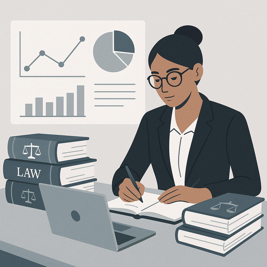 A modern, minimalist illustration of a CILEX professional studying at a desk with a laptop, surrounded by legal textbook...