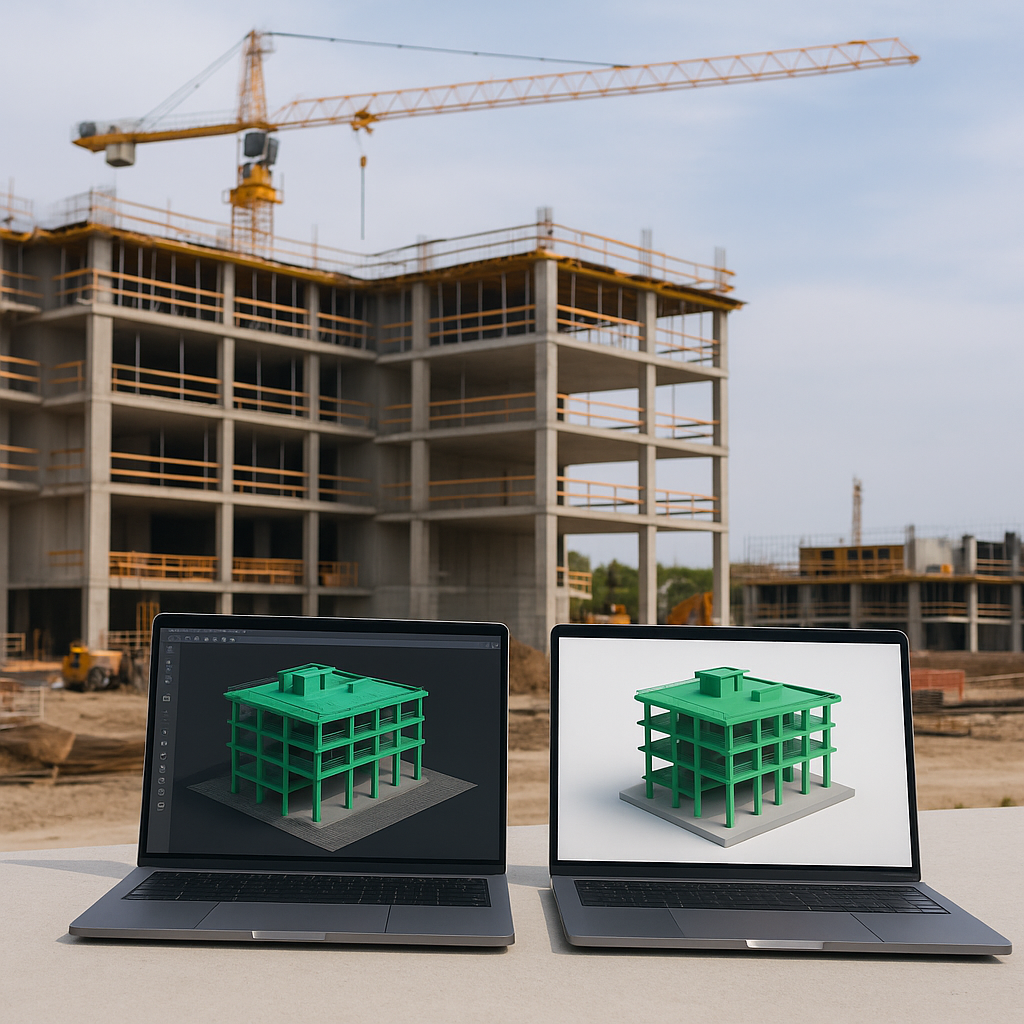 A construction site with a side-by-side comparison: traditional 3D modeling on one screen and AI-generated 3D models on...