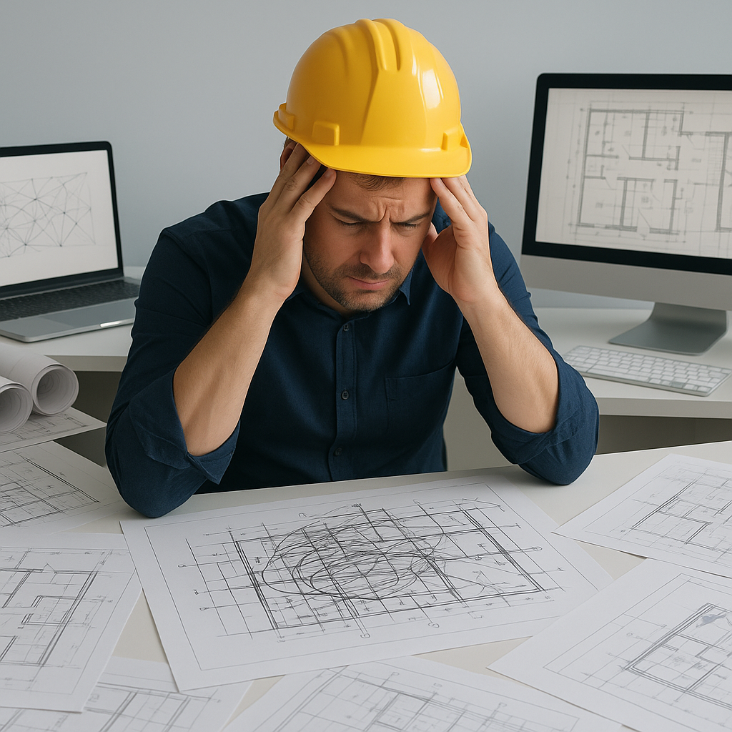 A contractor frustrated with a messy blueprint on a desk surrounded by construction plans, computers, and AI-generated o...