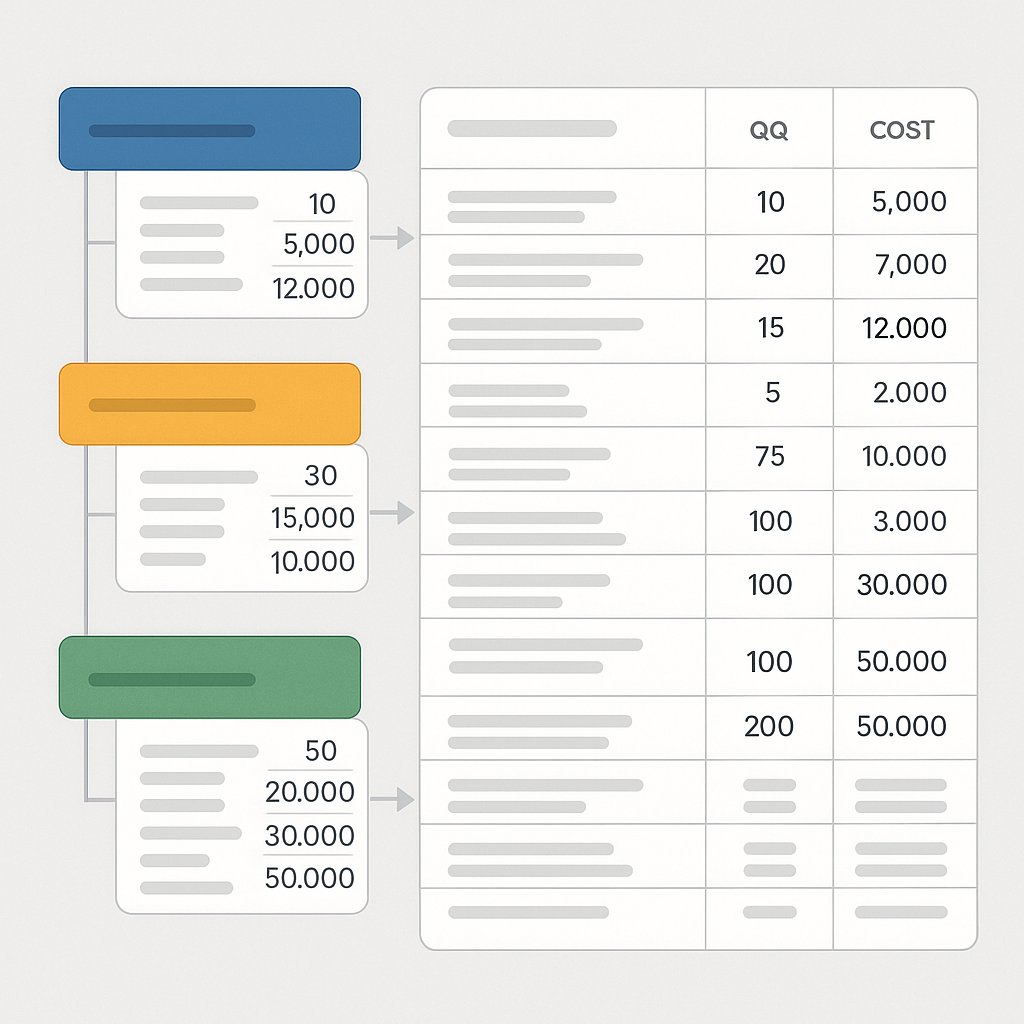 A detailed visual of a hierarchical BOQ template for construction, showing categories like Civil Works, MEP, and Finishi...