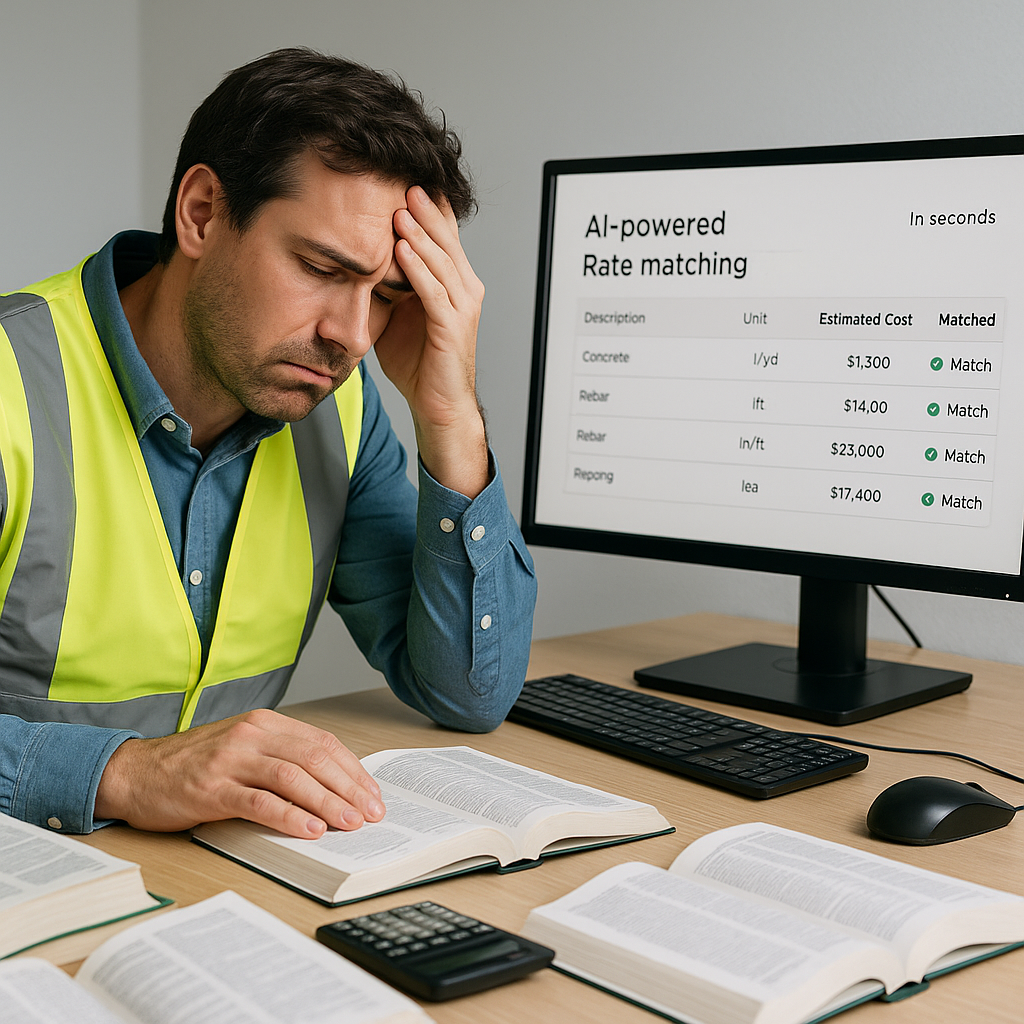 A construction estimator at a desk, surrounded by paper rate books, looking frustrated. Next to them, a computer screen...