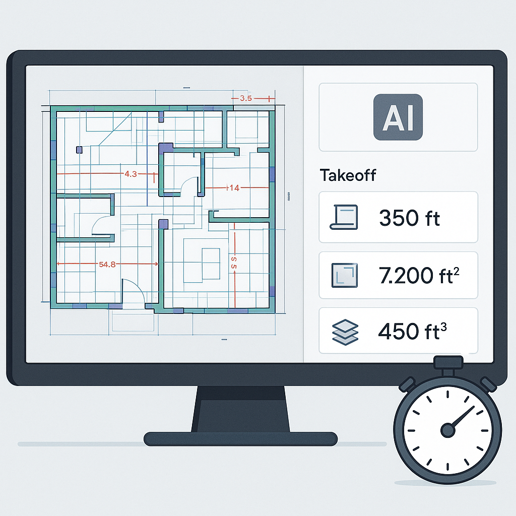 An AI-powered construction estimation interface on a screen, showing automated takeoff measurements from a complex build...