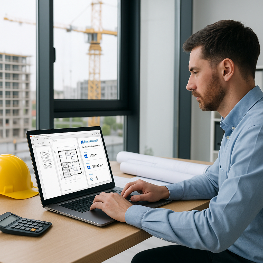 A modern construction office with an estimator using an AI-powered platform on a laptop, showing a PDF drawing being ana...