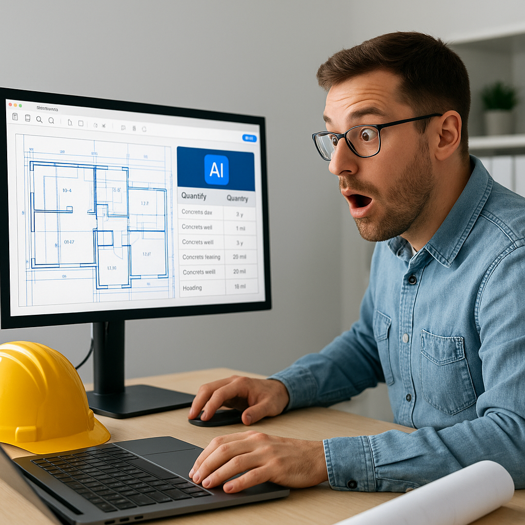 A construction estimator sitting at a desk, surprised, as an AI-powered software interface on the screen completes a det...