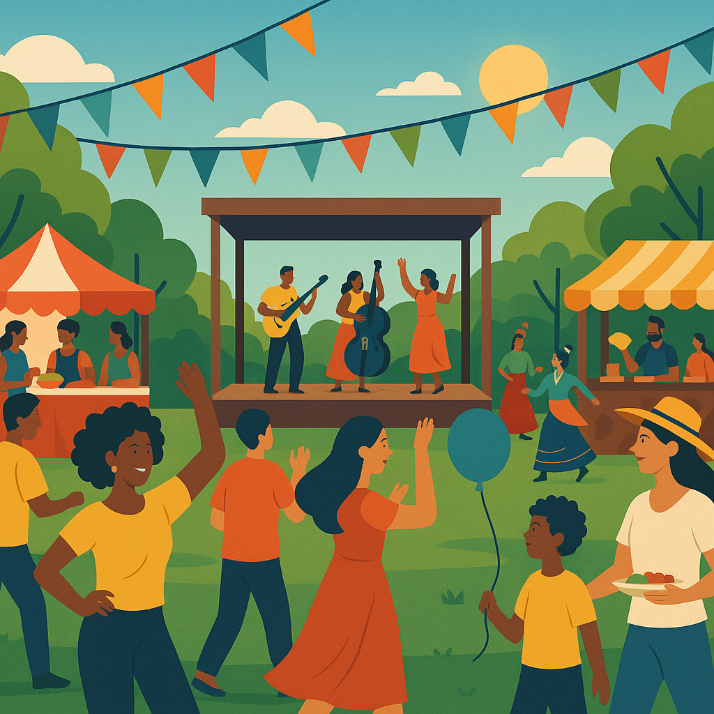 A vibrant local community festival scene with diverse attendees enjoying music, food stalls, and cultural performances,...