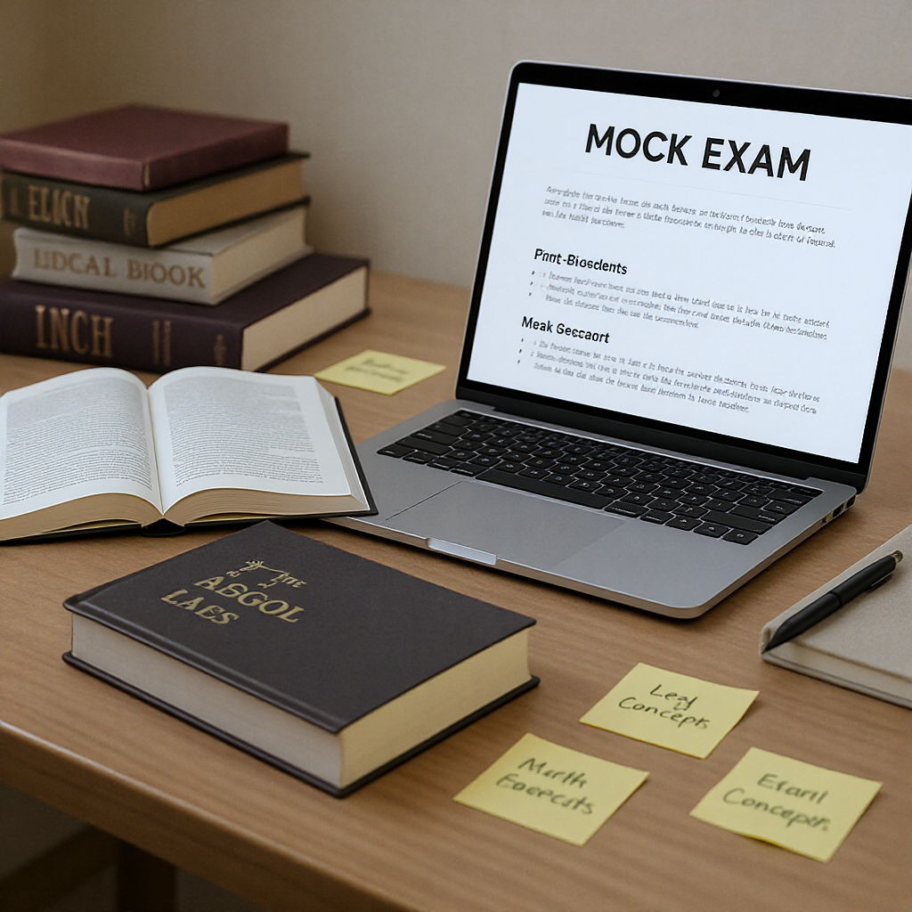 A desk with open legal textbooks, a laptop showing a mock exam, and sticky notes highlighting key legal concepts, set in...
